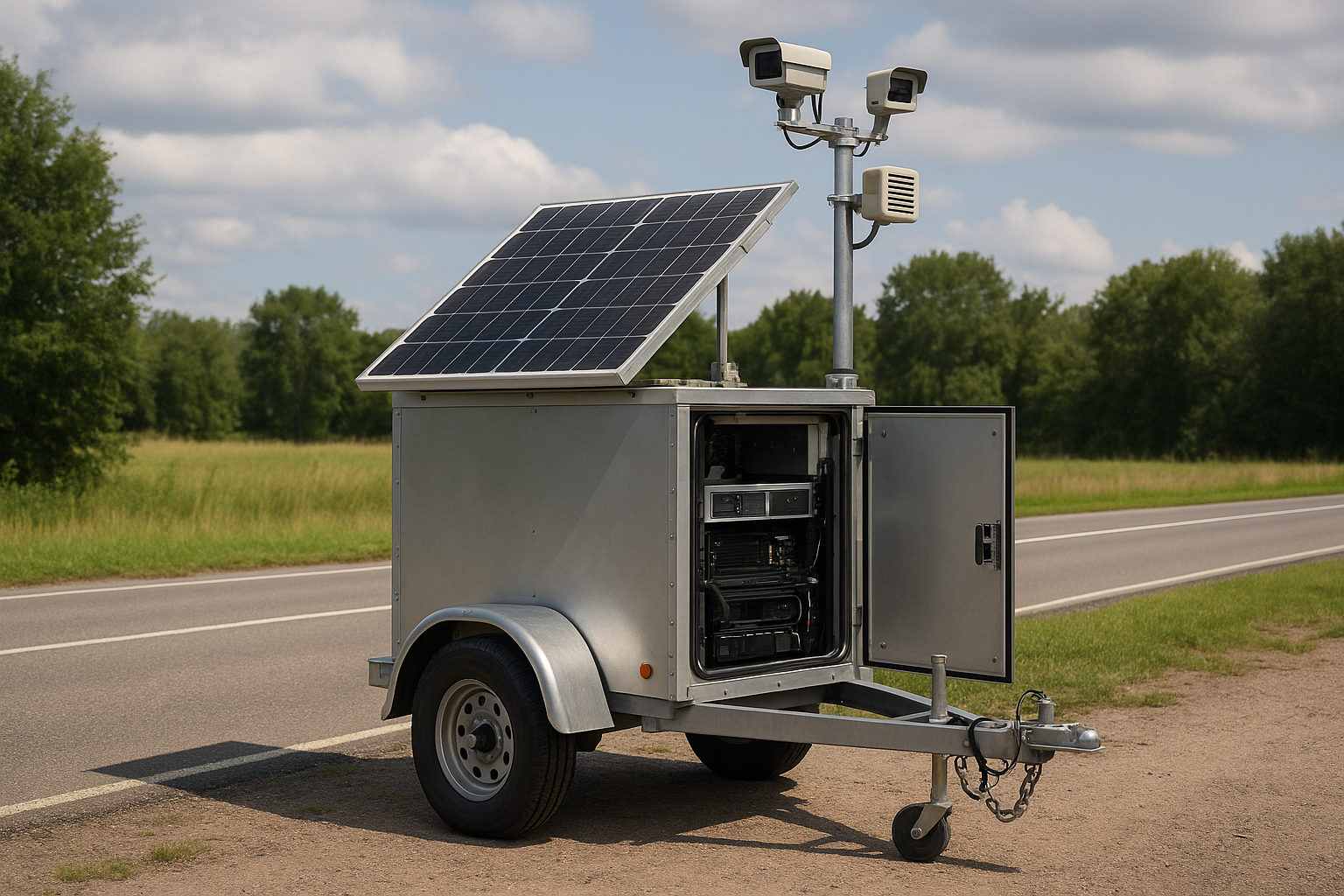 A photorealistic image of a roadside trailer that houses technical equipment for traffic sensing It must have a visible solar panel
