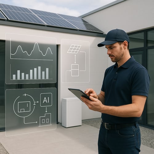 Visual A clean modern workspace or small commercial building with subtle solar panels on the roof and a nondescript battery with a technician reviewing performance data on a tablet A translucent overlay shows graphs energy flow and AI diagnostics in