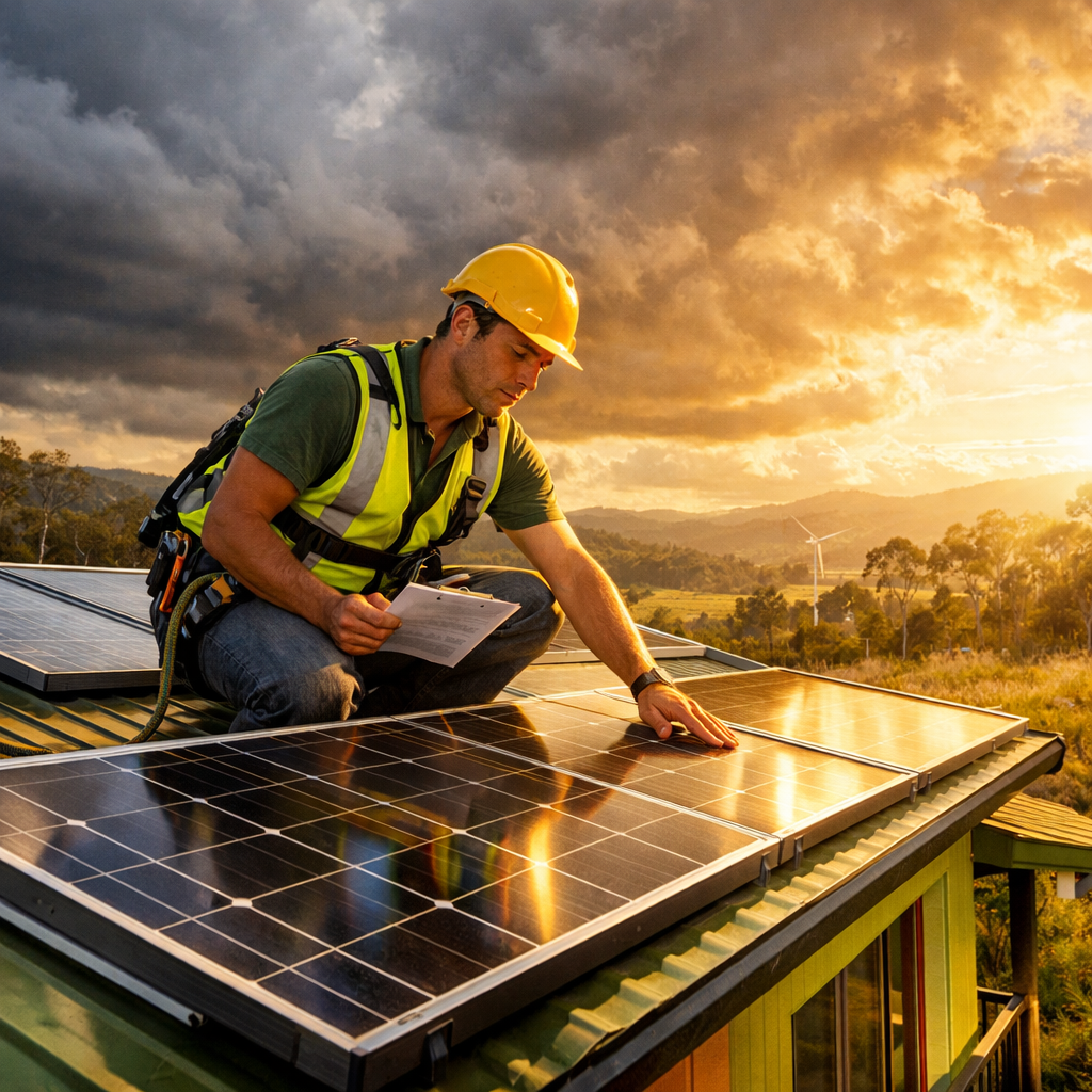 photographic In a sunsoaked Australian landscape a dedicated solar battery installer examines a sleek modern solar panel system atop a vibrant ecofrie-1